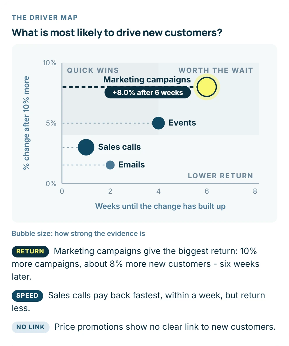 The driver map: marketing campaigns give the biggest return after six weeks, sales calls pay back fastest, and price promotions show no clear link