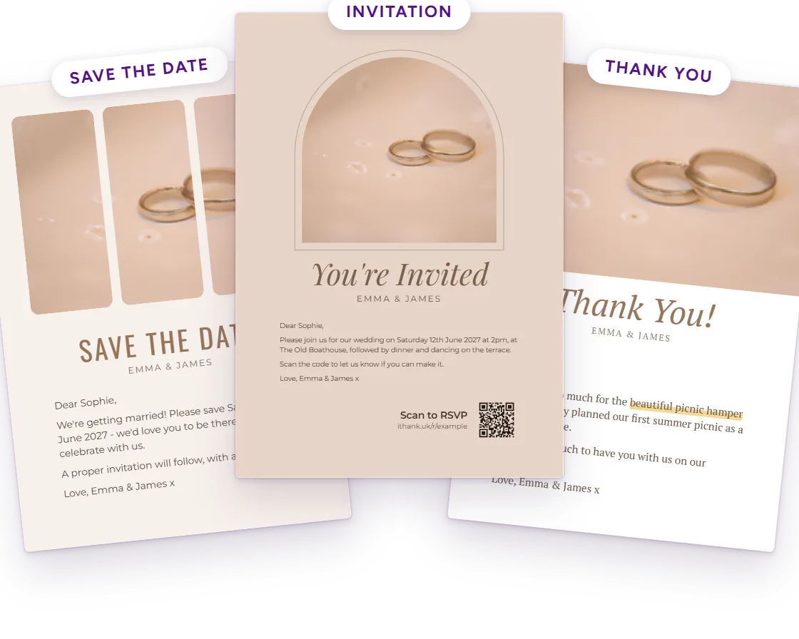iThank.uk: a save the date, an invitation with an RSVP code and a thank you card from one wedding picture