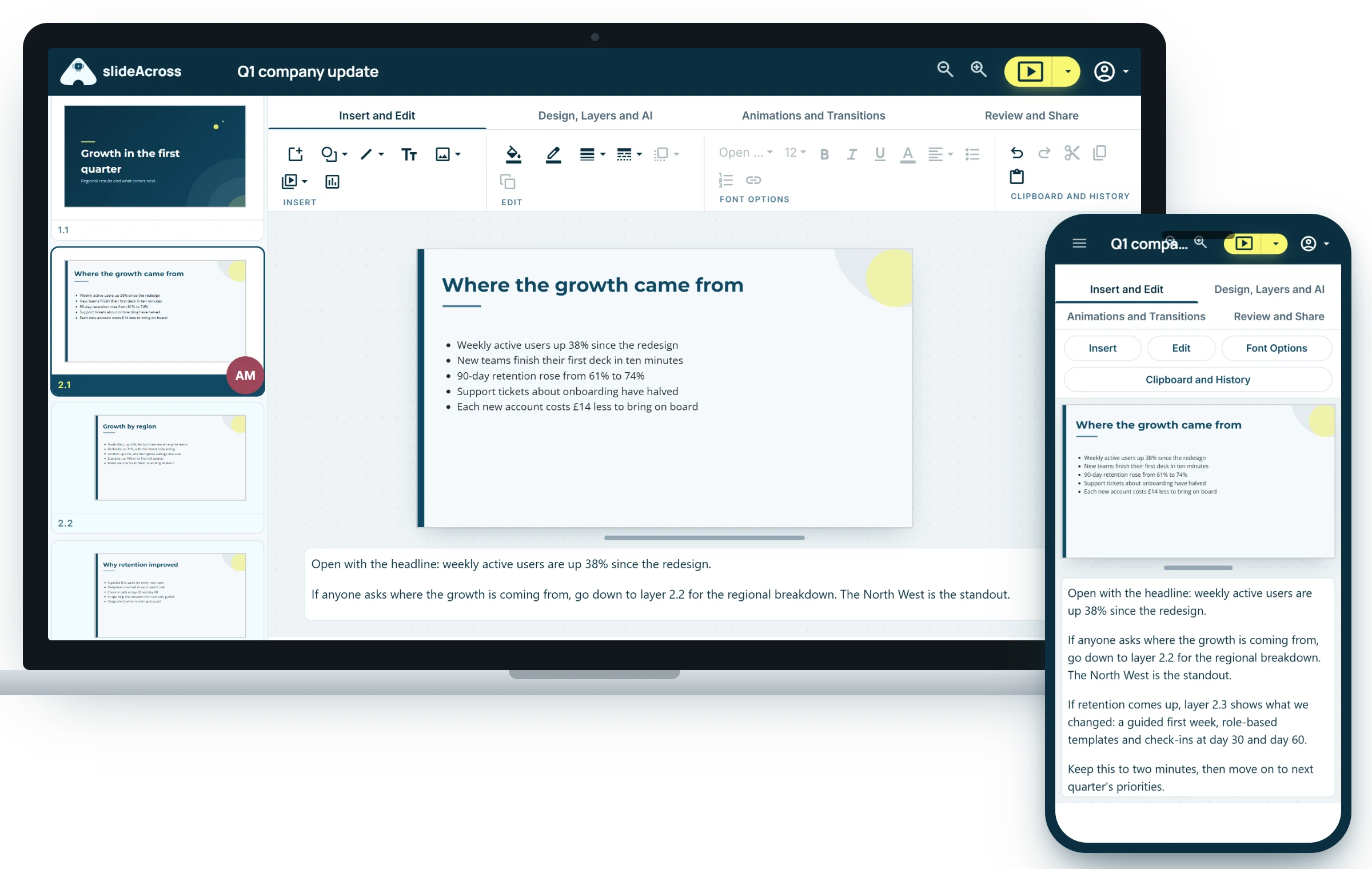 The slideAcross editor on a laptop and a phone: a layered presentation with speaker notes